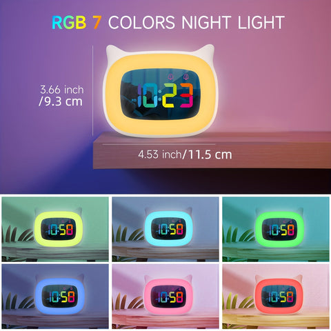 Süße Katzenohren Wecker – RGB Nachtlicht mit 18 Melodien und USB Aufladbar