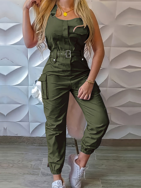 Effen Cargo Jumpsuit für Damen – Ärmellos und Mit Gürtel für Komfort und Stil