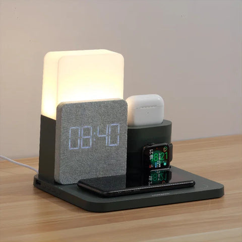 Multifunktionale Drahtlose Ladestation – Inklusive Lampe und Wecker