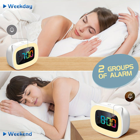 Süße Katzenohren Wecker – RGB Nachtlicht mit 18 Melodien und USB Aufladbar