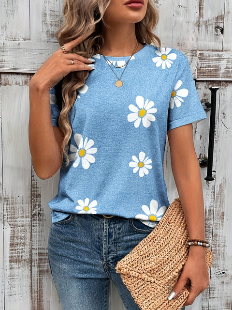 Madeliefchen Blumenmuster Crewneck T-Shirt – Lässig und Atmungsaktiv für Frühling und Sommer