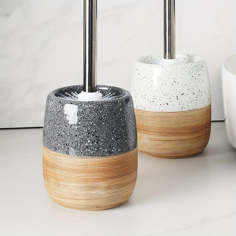 Elegantes Keramisches Toilettenbürsten-Set – Holzartige Basis und Edelstahlstiel