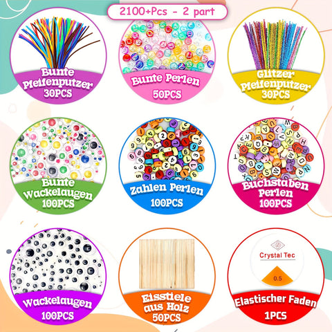 Komplettes Bastelset für Kinder – Kreatives Set mit Aufklebern, Stäbchen, Federn und mehr