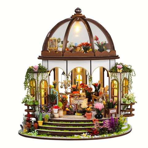 Miniatur Blumenhaus – 3D Holzpuzzle mit LED-Beleuchtung und detailliertem Garten