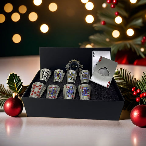 Königliche Spielkarten Whiskey Glas Set – Edelstahl & Flaschenöffner