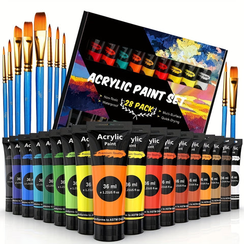 Acrylfarbe Set – 28 Stück, einschließlich 18 Farben Acrylfarbe und 10 Pinseln