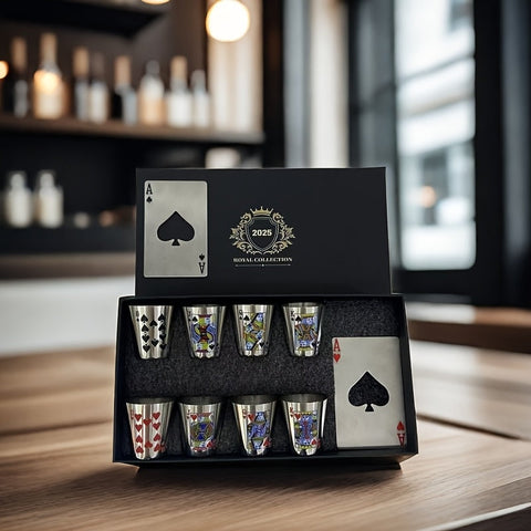 Königliche Spielkarten Whiskey Glas Set – Edelstahl & Flaschenöffner