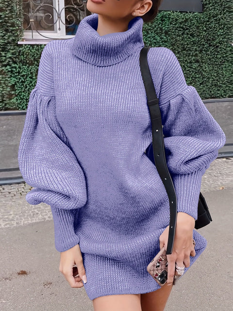 Elegantes Turtleneck Pullover-Kleid – Rippenstruktur und Laternenärmel für einen stilvollen Look