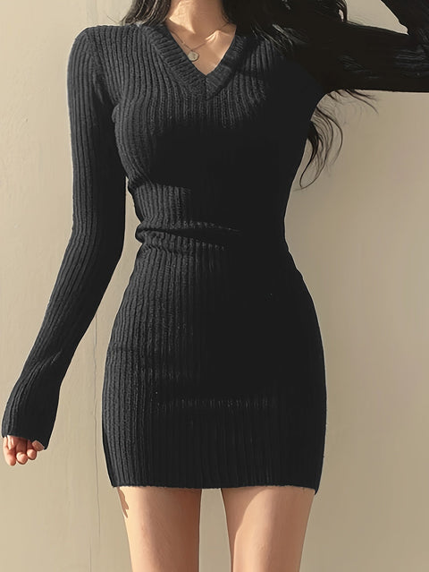 Eva Rippstrick Kleid - Eleganter V-Ausschnitt für den Herbst und Winter