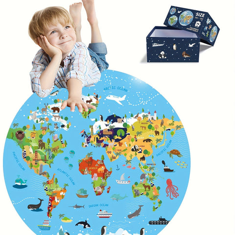 70-teilige Tierbodenpuzzle – Rundes Weltkarten-Design für Kinder