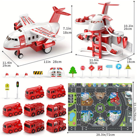 AdventurePlay Flugzeug & Feuerwehrfahrzeuge Spielset - Rennbahn und Garage für Kinder