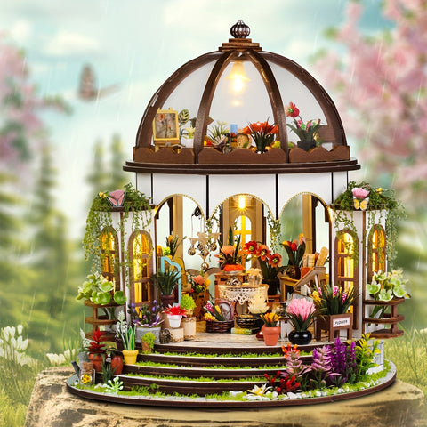 Miniatur Blumenhaus – 3D Holzpuzzle mit LED-Beleuchtung und detailliertem Garten