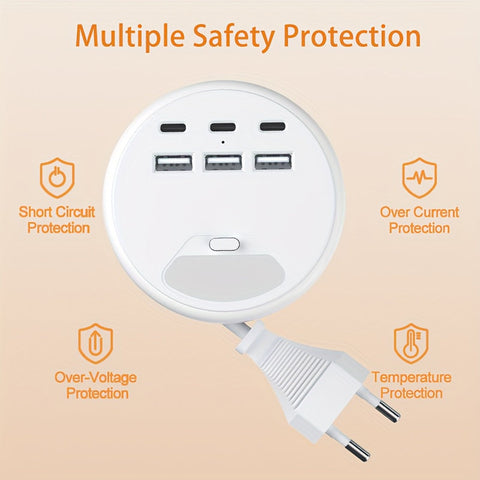 Multifunktionale Steckdosenleiste mit USB-Ladegeräten – 3 USB-A und 3 Type-C Anschlüsse, Ideal für Zuhause und Büro