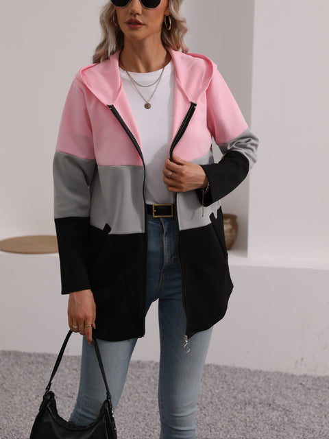 Farbblock Zip-Up Kapuzenjacke – Stilvoll und Komfortabel für Freizeitoutfits