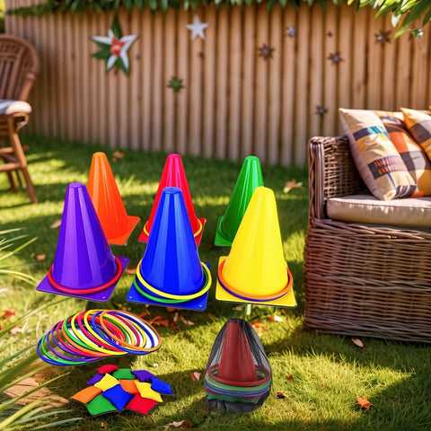 Bunte Ringwurfspiel-Set – Kegel, Ringe und Stoffbeutel für Familienvergnügen