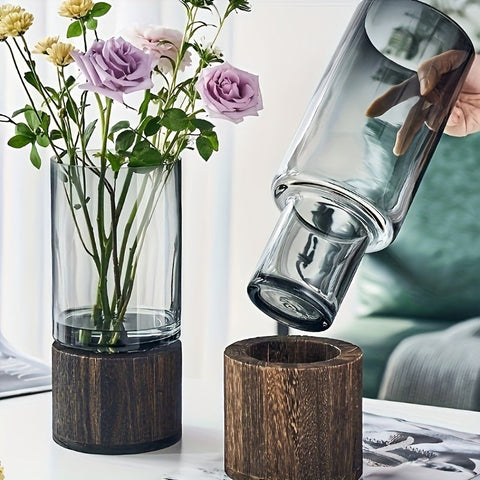 Luxe Glasvase mit Holzfuß - Elegant und Modern