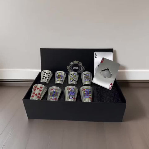 Königliche Spielkarten Whiskey Glas Set – Edelstahl & Flaschenöffner