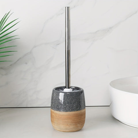Elegantes Keramisches Toilettenbürsten-Set – Holzartige Basis und Edelstahlstiel