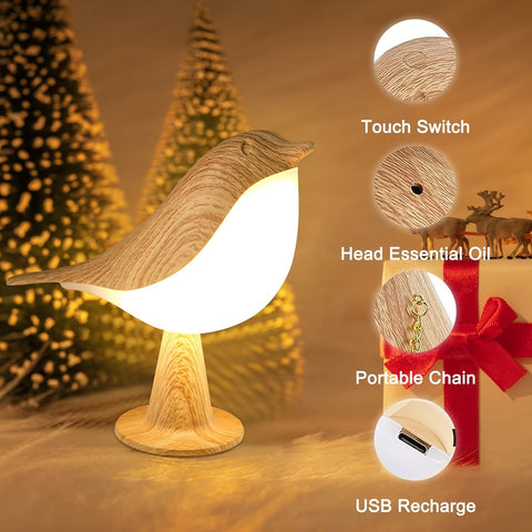 LED Vogel Lampe mit Aroma Diffuser – USB Aufladbare Nachtlampe und Leselampe mit 3 Farbtemperaturen