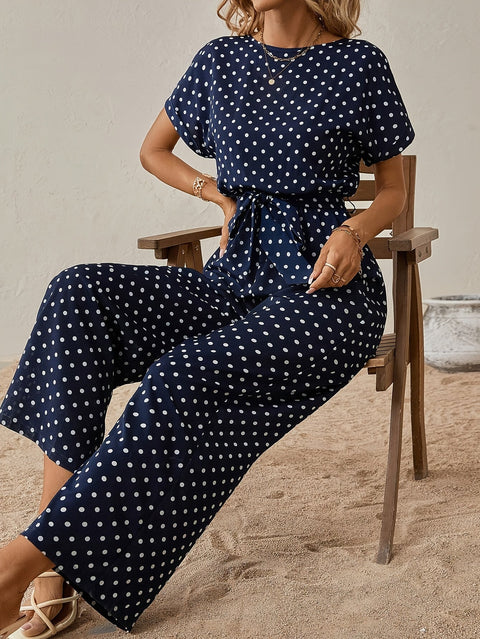 Gepunkteter Jumpsuit mit Taillengürtel – Perfekt für Sommerabenteuer und lässige Ausflüge