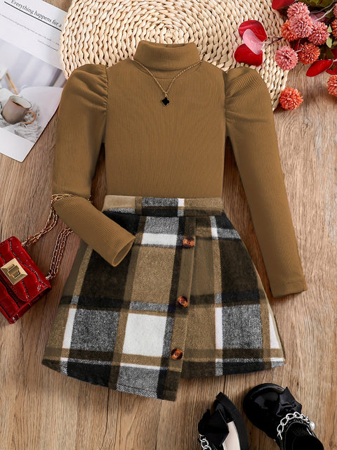 Feline Elegante Turtleneck Outfit für Kinder - Karierte Rock und Pullover Set