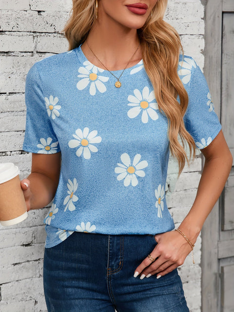 Madeliefchen Blumenmuster Crewneck T-Shirt – Lässig und Atmungsaktiv für Frühling und Sommer