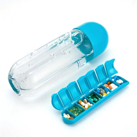 VitaBottle - Tragbare Wasserflasche mit integriertem Tablettenbehälter.