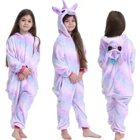 Einhorn Fleece Overall – Süßer Pyjama mit Horn und Ohren für Mädchen