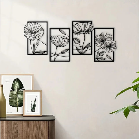 Floral Eleganz Wanddekoration – Vierteilige Blumenkunst
