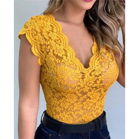 Gelbe Spitzen-Top für Damen – Sommerliche Spitzenbluse für einen femininen und eleganten Look