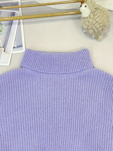 Elegantes Turtleneck Pullover-Kleid – Rippenstruktur und Laternenärmel für einen stilvollen Look
