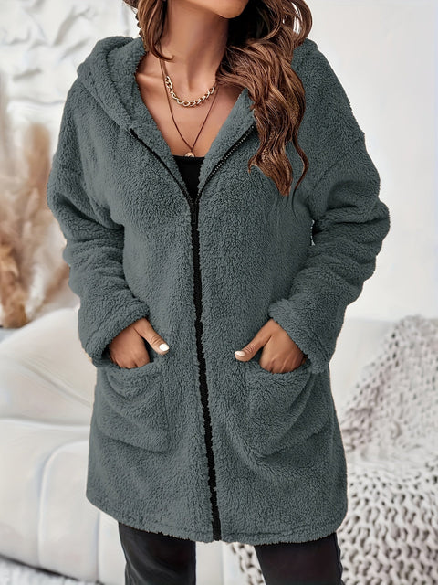 Weicher Plüsch Winterjacke mit Reißverschluss und Taschen - Warme und Bequeme Jacke für Kalte Tage