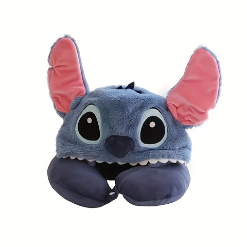 Plüsch Stitch Reisnackkissen mit Kapuze - Komfortables U-förmiges Kissen mit Ohrenschützern