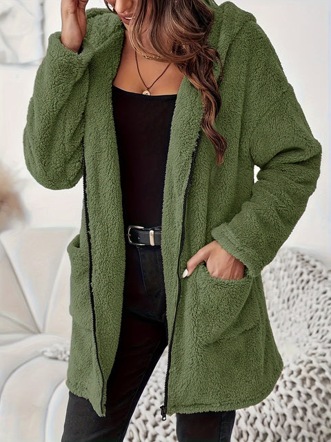 Weicher Plüsch Winterjacke mit Reißverschluss und Taschen - Warme und Bequeme Jacke für Kalte Tage