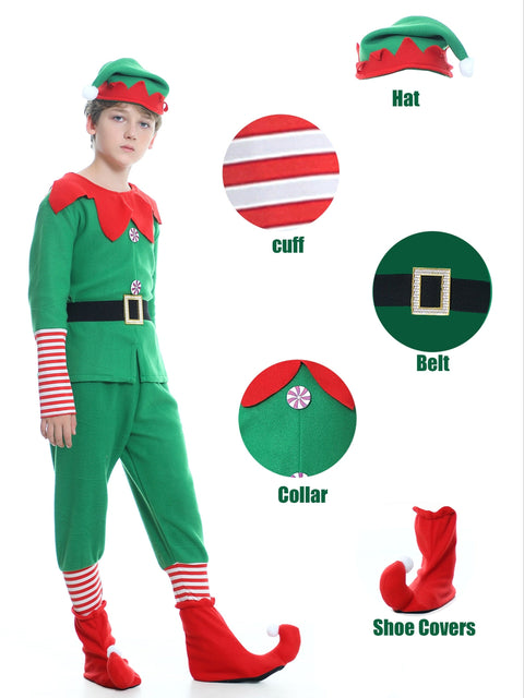 Lustiges Weihnachts-Elfen-Outfit für Kinder - Komplett mit Hut, Oberteil, Hose und Schuhüberzügen