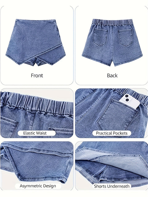 Damen Denim-Rock mit asymmetrischem Saum und Schneeflockenmuster – Rock und Shorts Kombination