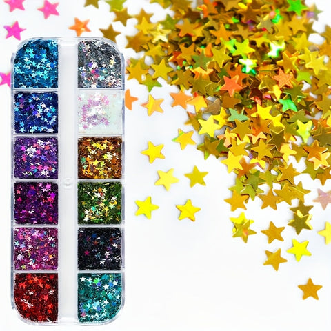 12 Farben Sterne Pailletten – Glitzer Pailletten in langer Box für DIY und Scrapbooking
