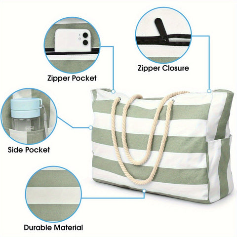 Gestreifte Große Kapazität Strandtasche – Langlebiges Polyester mit Reißverschluss