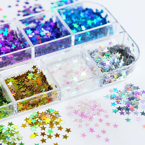 12 Farben Sterne Pailletten – Glitzer Pailletten in langer Box für DIY und Scrapbooking