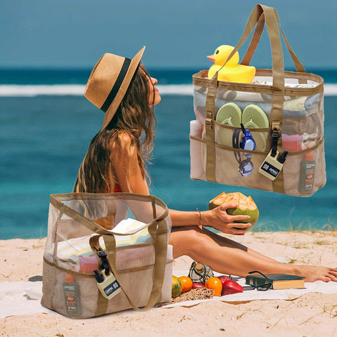 Leichte und Geräumige Mesh Strandtasche – 40L Faltbare Tote mit Festen Schulterriemen und Offenem Oberteil