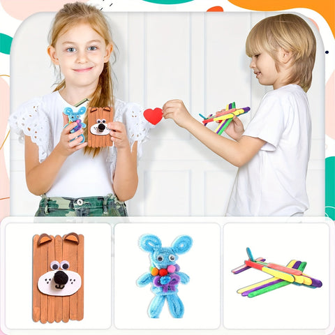 Komplettes Bastelset für Kinder – Kreatives Set mit Aufklebern, Stäbchen, Federn und mehr