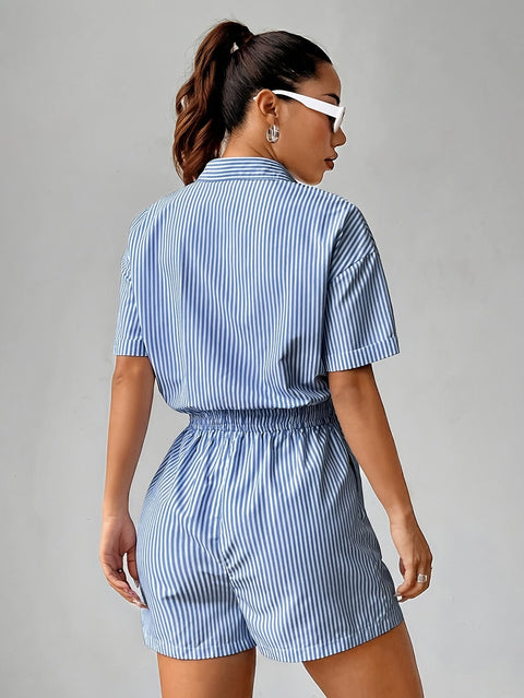 Gestreifter Polyester-Jumpsuit für Damen – Kurze Ärmel und Kragen für Sommeroutfits