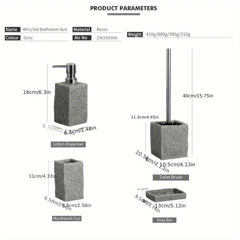 Graues Resin Badezimmer Set – Luxuriöses Set aus 4 Teilen für ein Elegantes Badezimmer