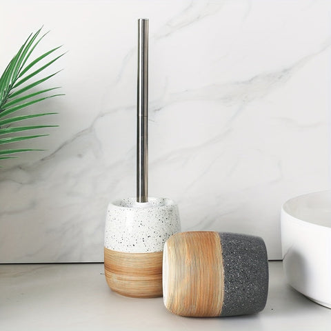 Elegantes Keramisches Toilettenbürsten-Set – Holzartige Basis und Edelstahlstiel