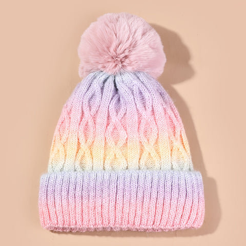 Lana Regenbogen-Mütze für Mädchen - Strickmütze mit Pompon und dickem Material für den Winter