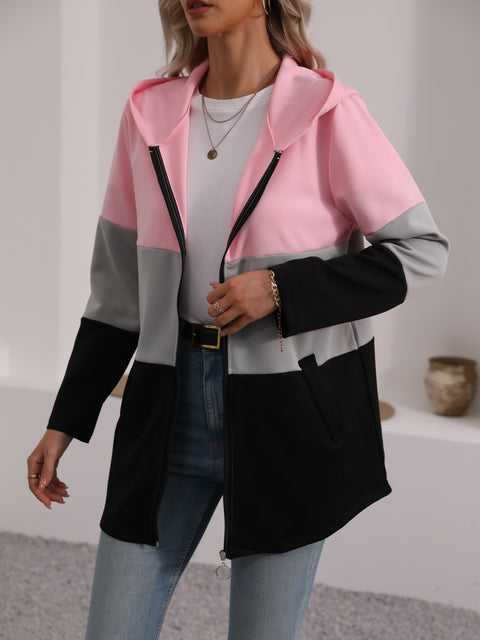 Farbblock Zip-Up Kapuzenjacke – Stilvoll und Komfortabel für Freizeitoutfits