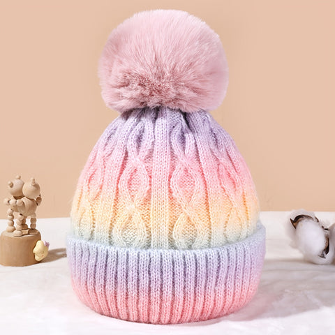 Lana Regenbogen-Mütze für Mädchen - Strickmütze mit Pompon und dickem Material für den Winter