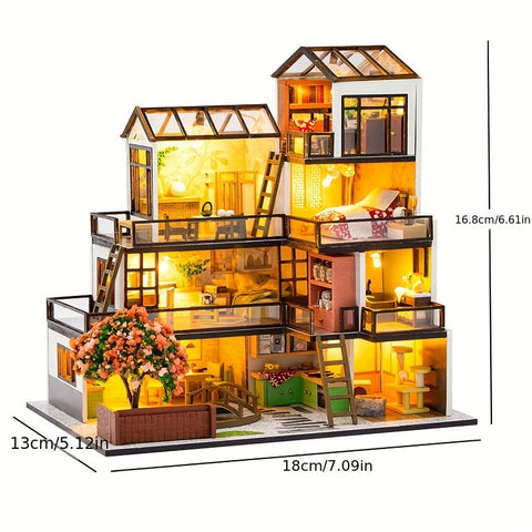 Miniatur Villa 3D Puzzle Kit – Handgefertigtes Modell mit LED Beleuchtung und Detaillierter Innenausstattung