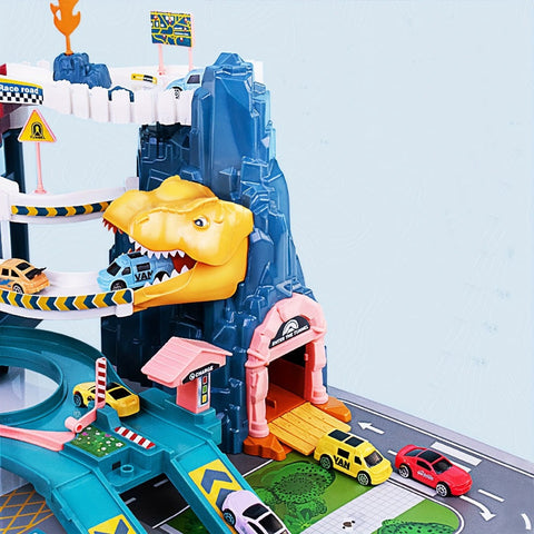 DinoRace Abenteuer Spielset - Spannende Rennbahn mit Dinosauriern und Fahrzeugen für Kinder