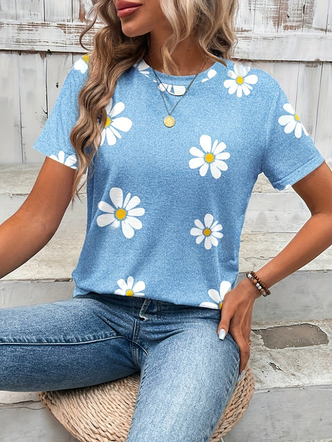 Madeliefchen Blumenmuster Crewneck T-Shirt – Lässig und Atmungsaktiv für Frühling und Sommer